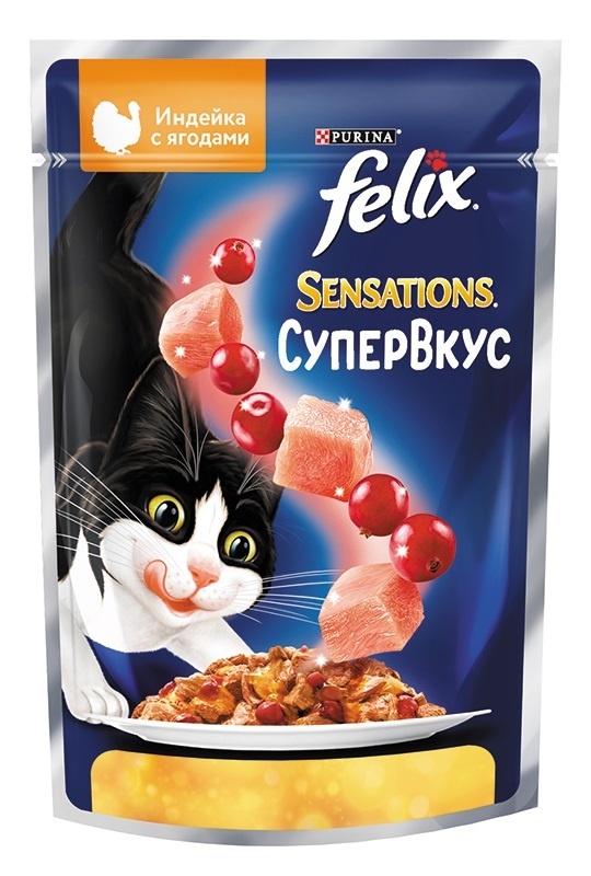 цена Felix Felix sensations Супервкус для взрослых кошек, со вкусом индейки и ягод, в желе (75 г)