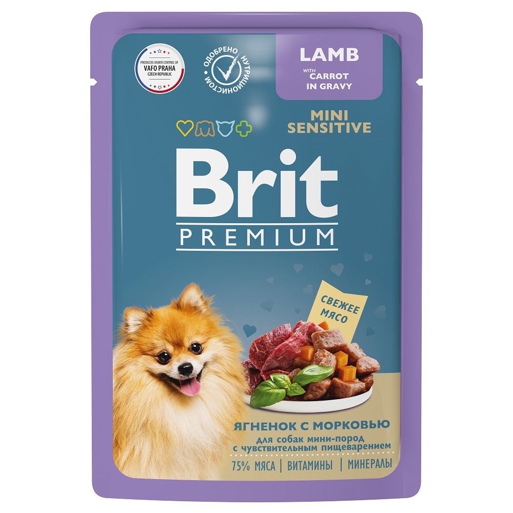 цена Brit Brit пауч для взрослых мини собак с чувствительным пищеварением с ягненком и морковью в соусе (85 г)