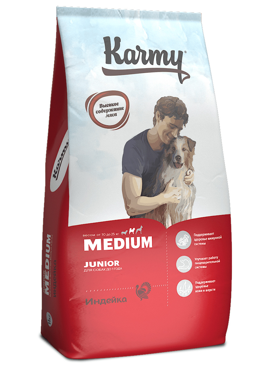 цена Karmy Karmy сухой корм для щенков средних пород с индейкой (14 кг)