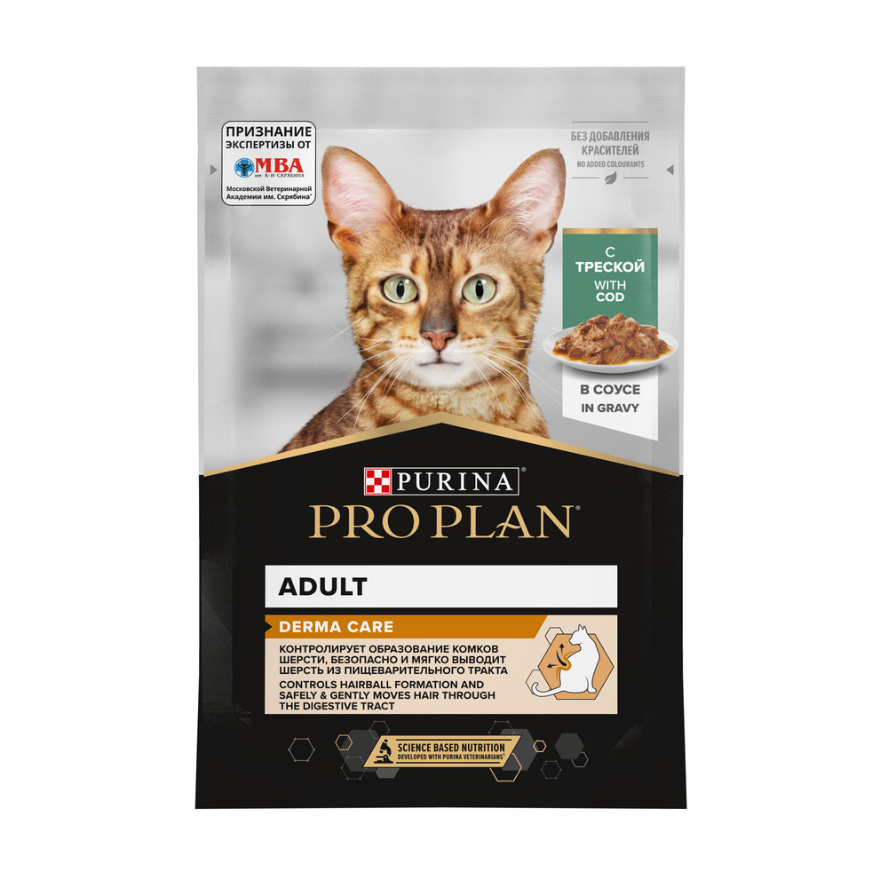 Purina Pro Plan (паучи) Purina Pro Plan (паучи) влажный корм для взрослых кошек с чувствительной кожей, нежные кусочки с треской, в соусе (85 г) 25358