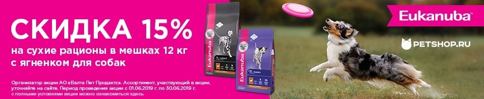 Скидка 15% на большие мешки корма Eukanuba