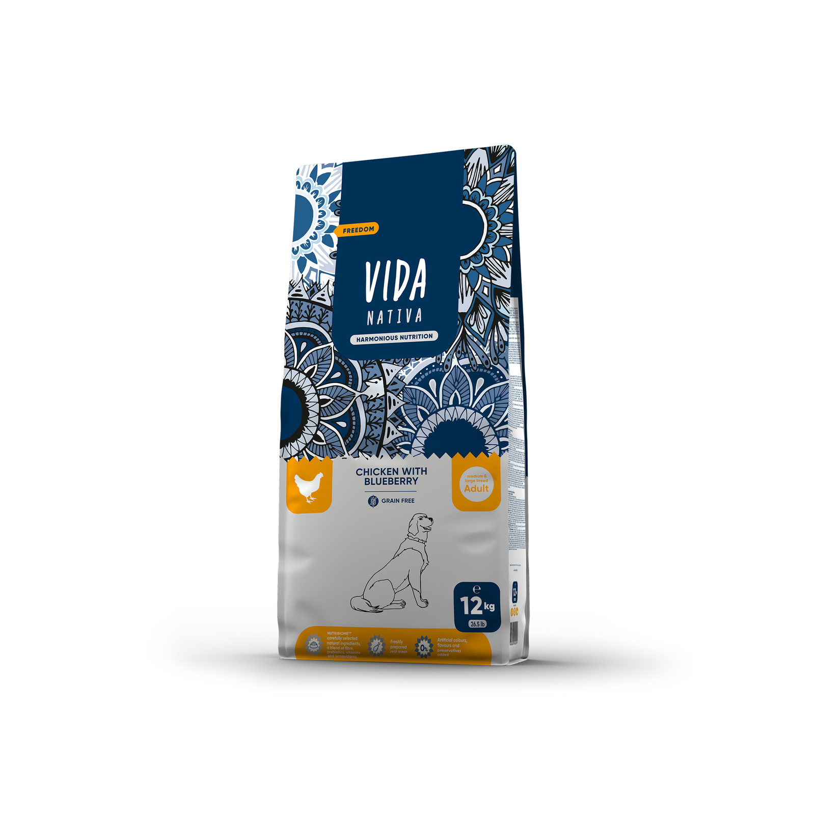 VIDA Nativa корм для взрослых собак средних и крупных пород с курицей и черникой (12 кг)