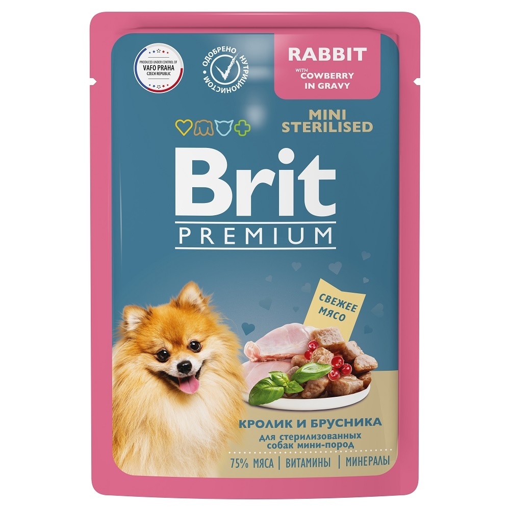 Brit Brit пауч для взрослых стерилизованых собак мини пород с кроликом и брусникой в соусе (85 г) brit brit пауч для взрослых собак всех пород с говядиной в соусе 85 г