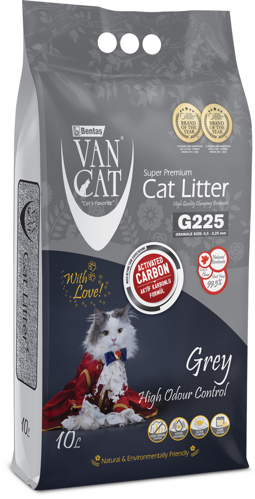 Van Cat комкующийся наполнитель с активированным углем, без пыли, 10 л, пакет (Grey) (8,8 кг)