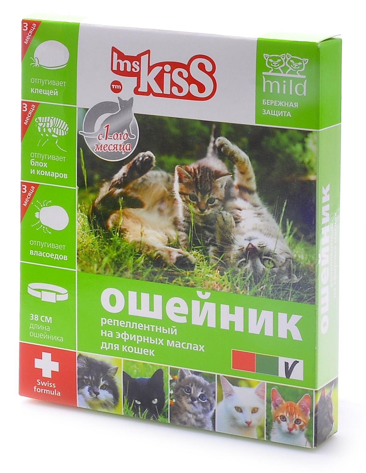 Ms.Kiss Ms.Kiss ошейник от блох, клещей, комаров для котят с 4 недель и кошек, 38 см (50 г) ms kiss ms kiss ошейник от блох клещей комаров для котят с 4 недель и кошек 38 см зеленый защита 3 мес 50 г