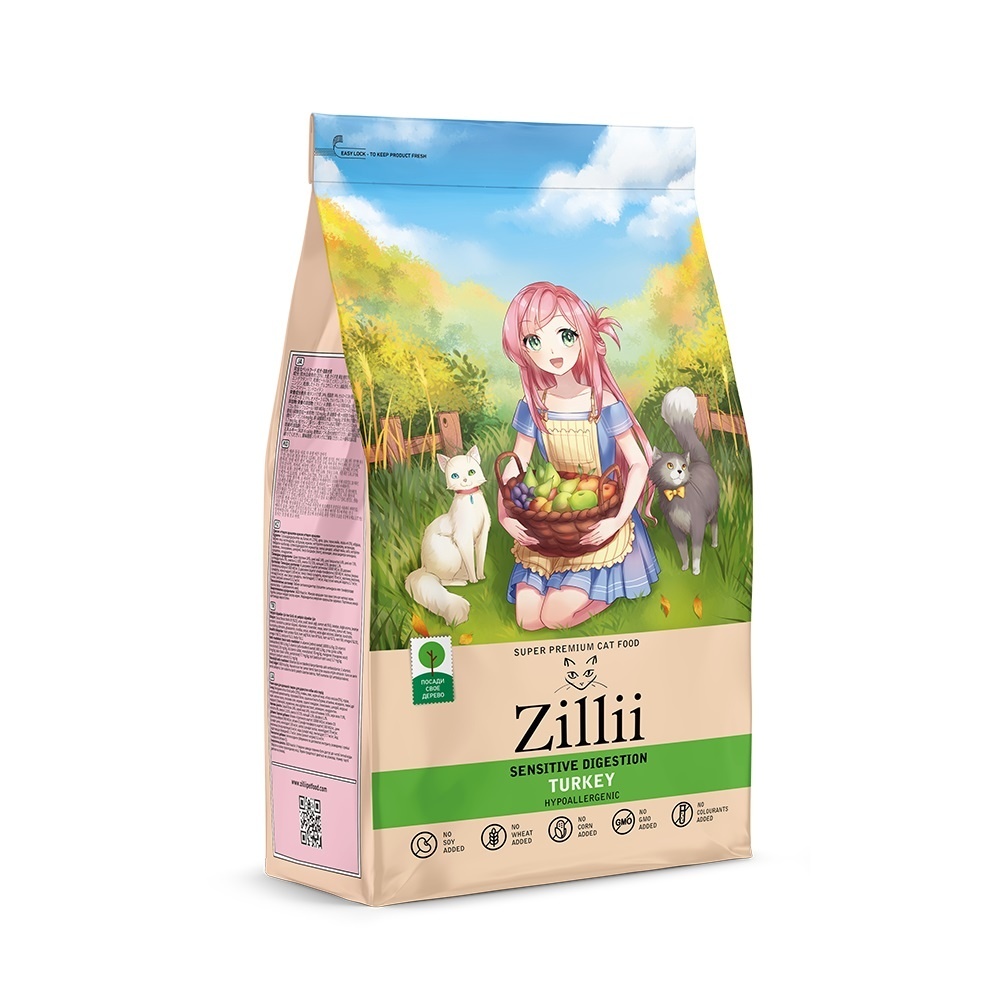 Zillii Zillii сухой корм для взрослых кошек с чувствительным пищеварением, индейка (2 кг)