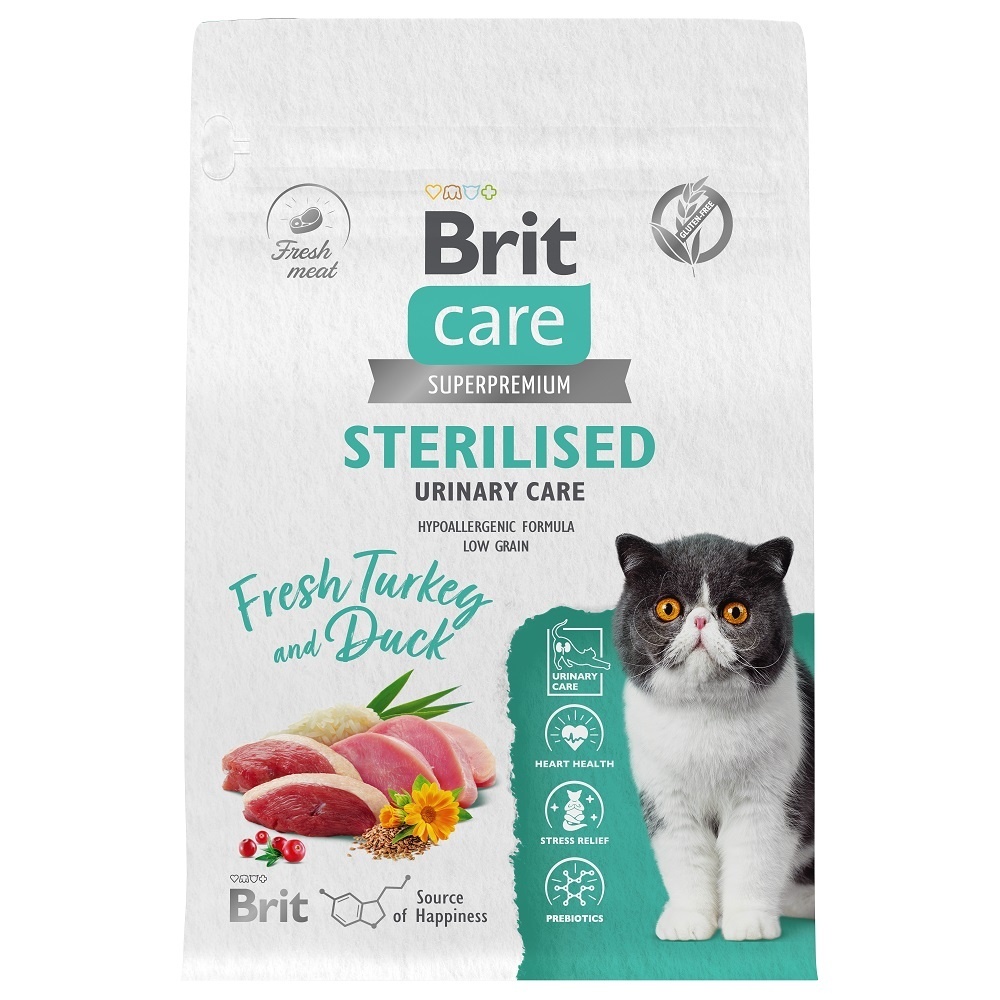 Brit Care Brit Care сухой корм с индейкой и уткой для стерилизованных кошек, профилактика МКБ (400 г)