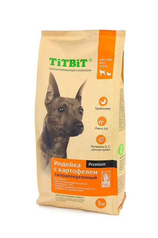 Корм TiTBiT для собак всех пород гипоаллергенный с индейкой и картофелем (13 кг)