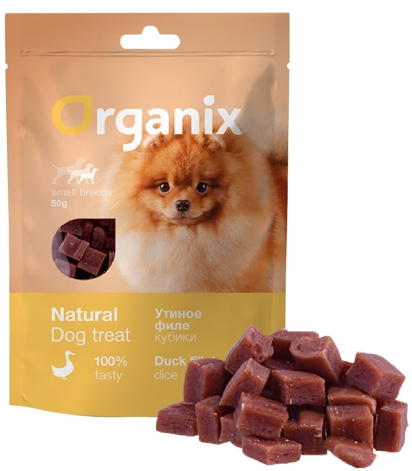 цена Organix лакомства Organix лакомства для собак малых пород «Утиные кубики» (100% мясо) (50 г)