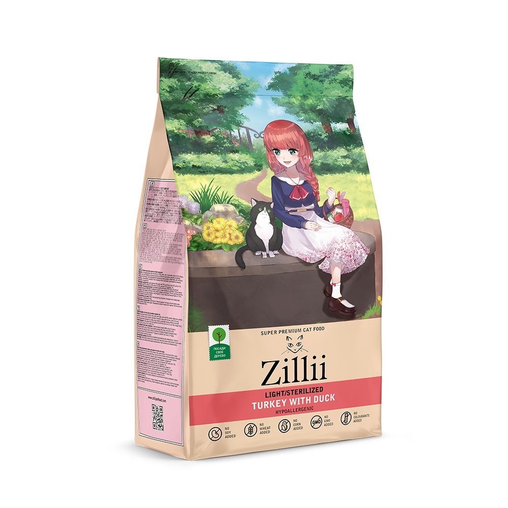Zillii Zillii сухой корм для взрослых кошек с избыточным весом и стерилизованных Индейка с Уткой (10 кг)