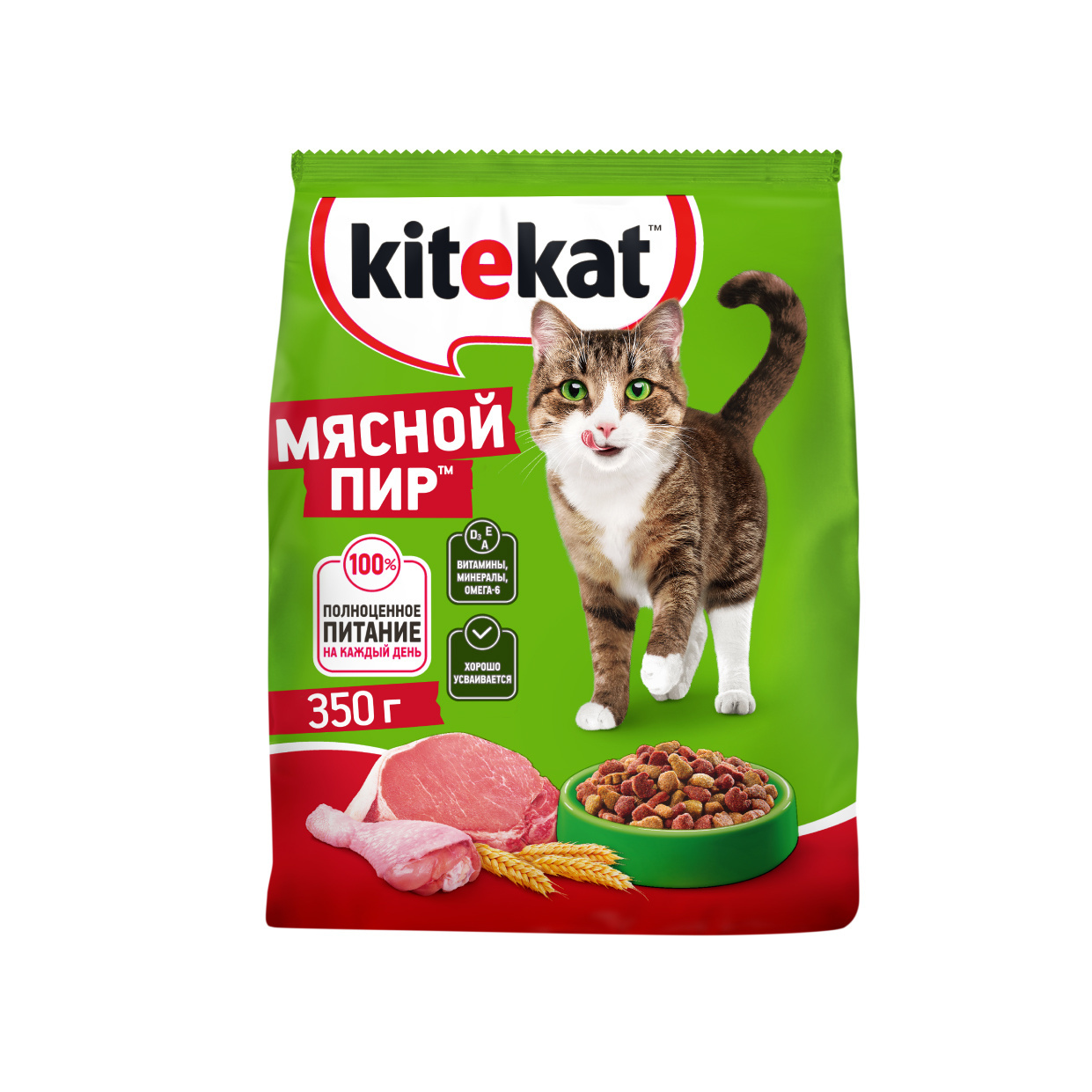 цена Kitekat Kitekat сухой полнорационный корм для взрослых кошек «Мясной Пир» (800 г)