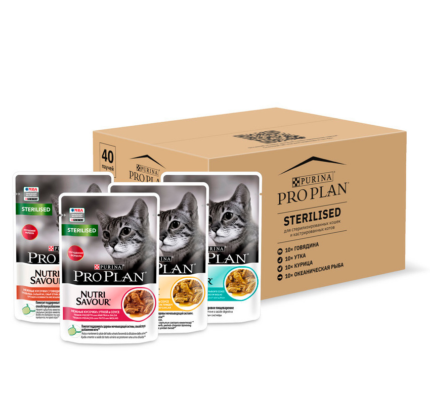 Purina Pro Plan (паучи) Purina Pro Plan (паучи) набор паучей для кастрированных кошек, 40 шт. (говядина в соусе, курица в соусе, утка в соусе, океаническая рыба в соусе) (3,4 кг)