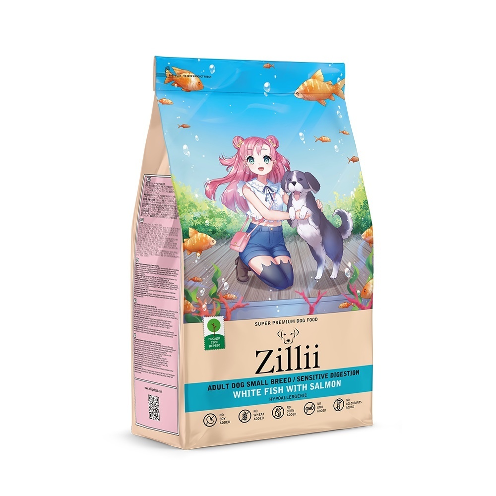 Zillii Zillii сухой корм для взрослых собак мелких пород с чувств. пищеварением, белая рыба и лосось (800 г)