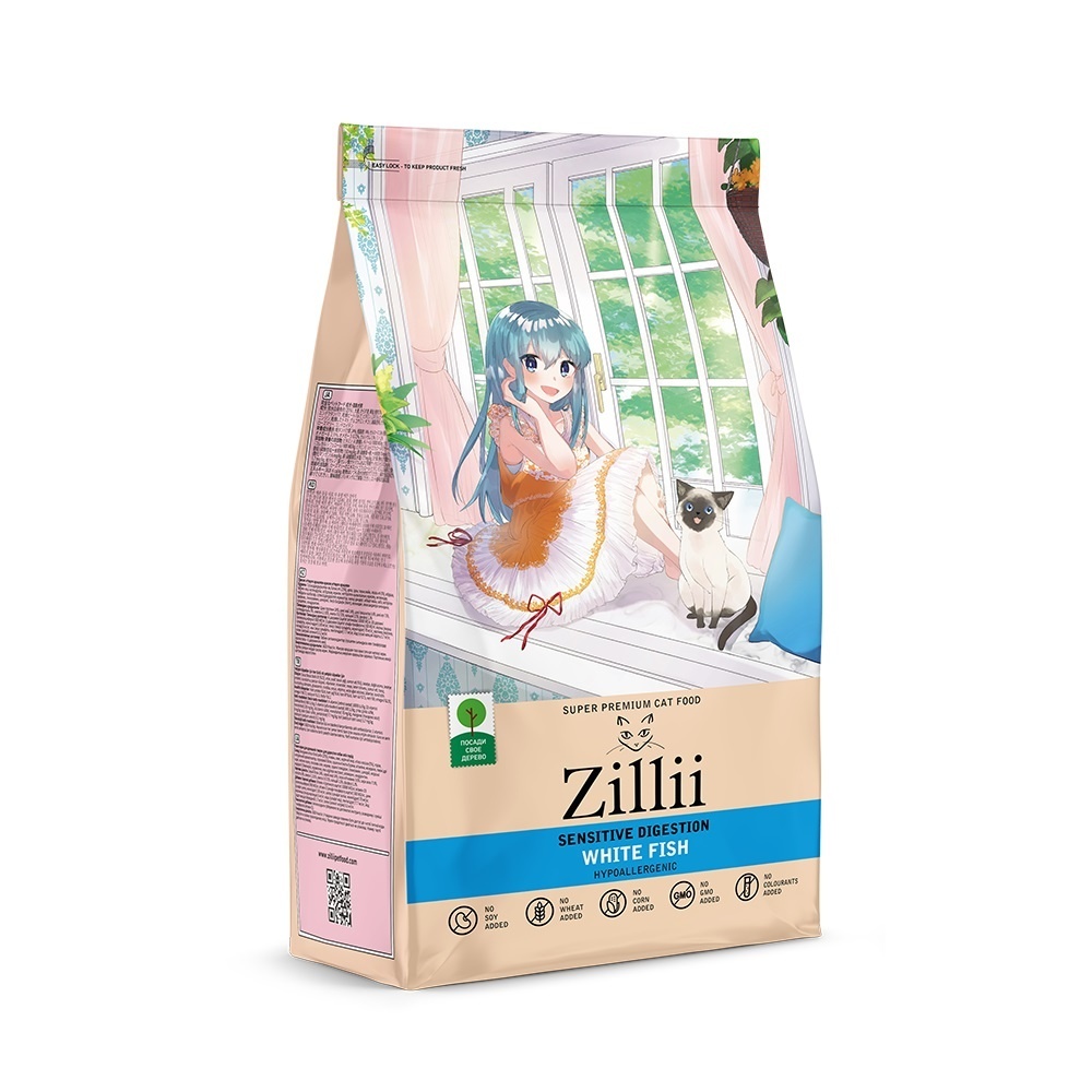 Zillii Zillii сухой корм для взрослых кошек с чувствительным пищеварением, белая рыба (2 кг) йогурт активиа черника злаки семена льна 2 9% 130 г