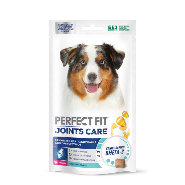 Perfect Fit Perfect Fit лакомство для собак «Для поддержания здоровья суставов», с говядиной и добавлением рыбьего жира и глюкозамина (130 г) цена и фото