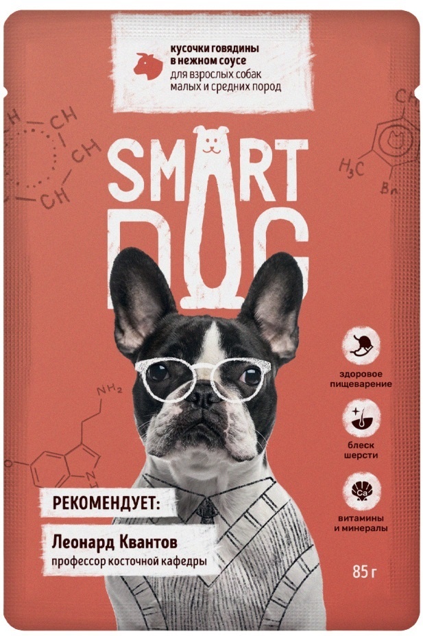 Smart Dog паучи Smart Dog паучи паучи для взрослых собак малых и средних пород кусочки говядины в нежном соусе (85 г)