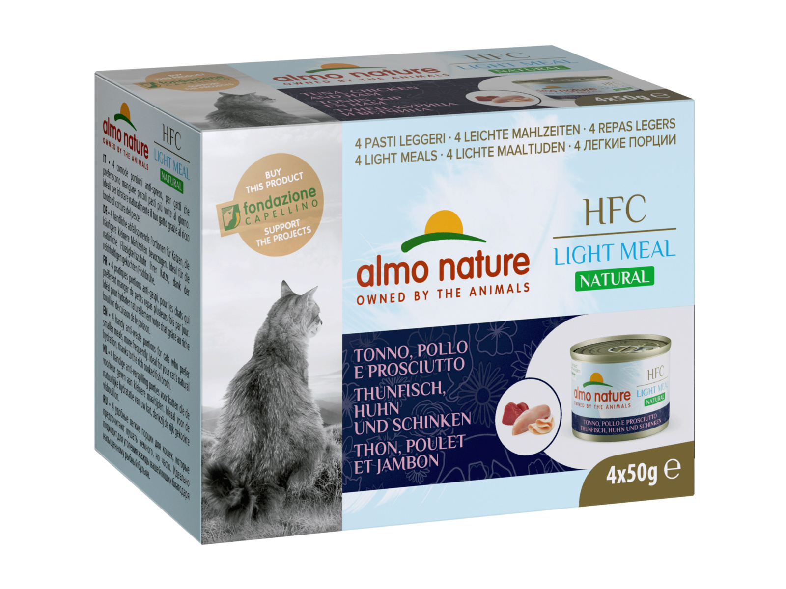 Almo Nature консервы Almo Nature консервы набор низкокалорийных консервов для кошек (4 шт. по 50 гр) с тунцом, курицей и ветчиной (200 г)