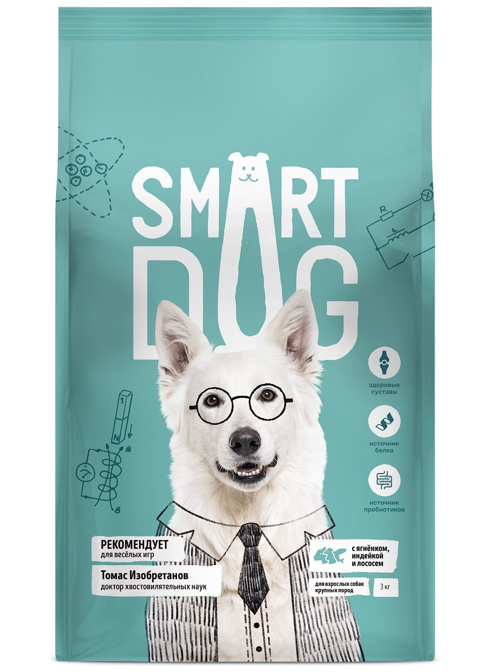 Smart Dog Корм Smart Dog для взрослых собак крупных пород, три вида мяса с ягнёнком, лососем, индейкой (18 кг)