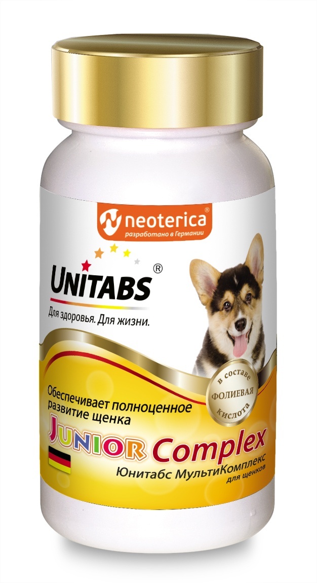 Unitabs Unitabs витамины JuniorComplex c B9 для щенков, 100таб (90 г) unitabs immuno complex c q10 витамины для крупных собак 100таб u205 100таб