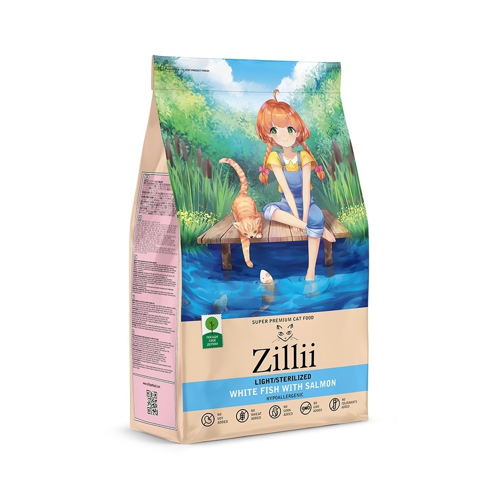 Zillii Zillii сухой корм для взрослых кошек с избыточным весом и стерилизованных Белая Рыба с Лососем (2 кг)