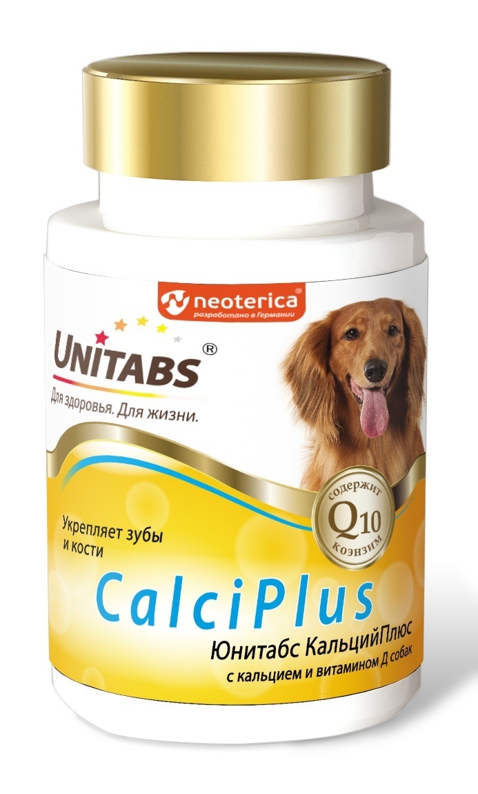 цена Unitabs Unitabs витамины CalciPlus с Q10 для собак, 100таб (180 г)