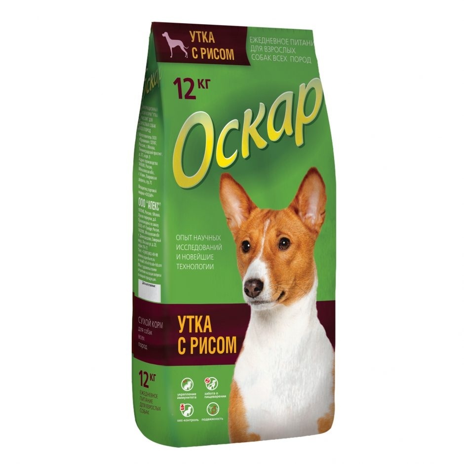 Корм ОСКАР для взрослых собак всех пород, с уткой  и рисом (12 кг)