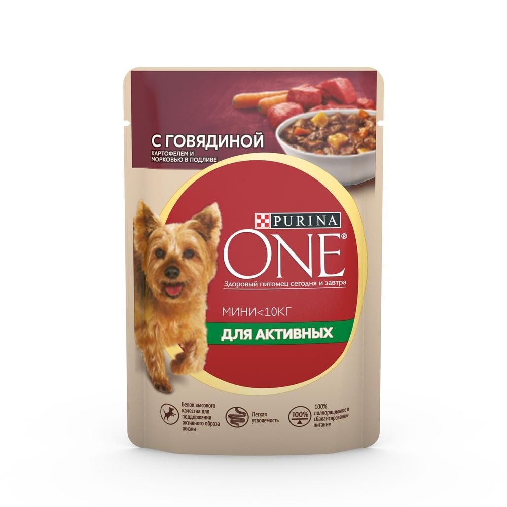 Purina One для активных взрослых собак мелких и карликовых пород, с говядиной, картофелем и морковью в подливе (85 г)