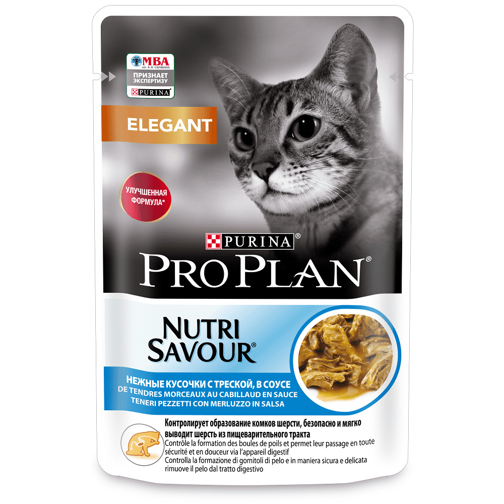 Purina Pro Plan (паучи) влажный корм для взрослых кошек с чувствительной кожей, нежные кусочки с треской, в соусе (85 г)