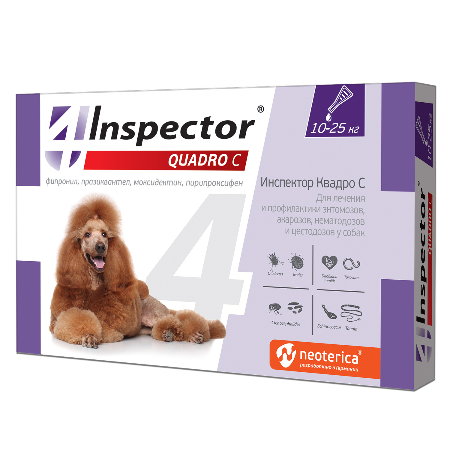 Inspector Inspector quadro капли на холку для собак весом 10-25 кг от клещей, насекомых, глистов (20 г) inspector inspector капли на холку для собак 1 4кг 3 шт 25 г