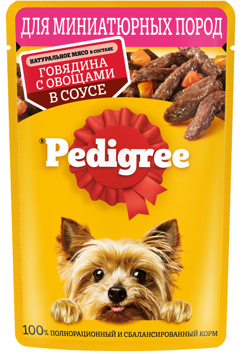 корм для собак pedigree для миниатюрных пород говядина с овощами в соусе 85 г Pedigree Pedigree влажный корм для собак миниатюрных пород, с говядиной и овощами в соусе (85 г)