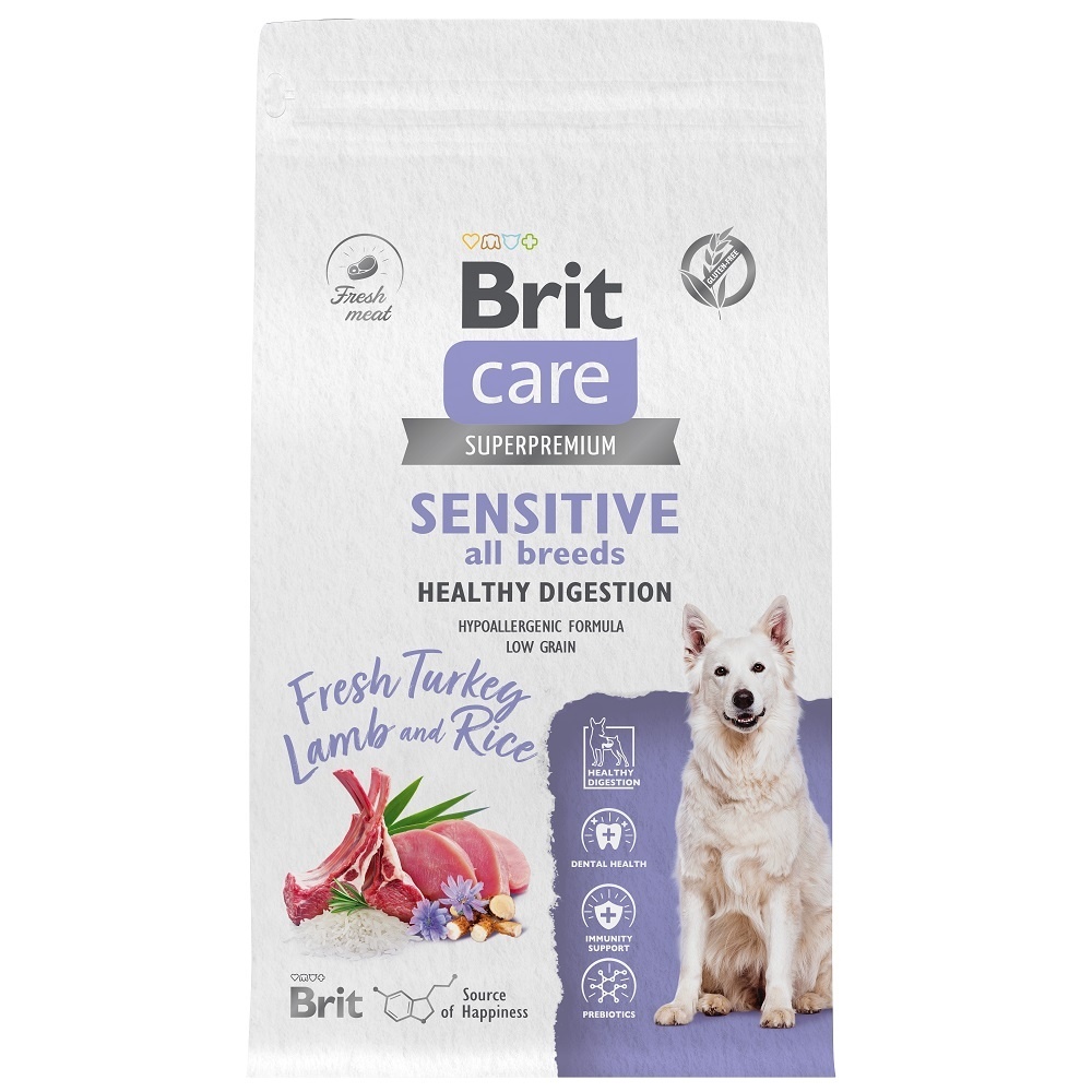 Brit Care сухой корм с индейкой и ягненком для взрослых собак всех пород с чувствительным пищеварением (3 кг)