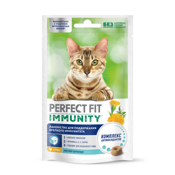 Perfect Fit Perfect Fit лакомство для кошек «Для поддержания иммунитета», с курицей и добавлением экстракта бархатцев (50 г) цена и фото