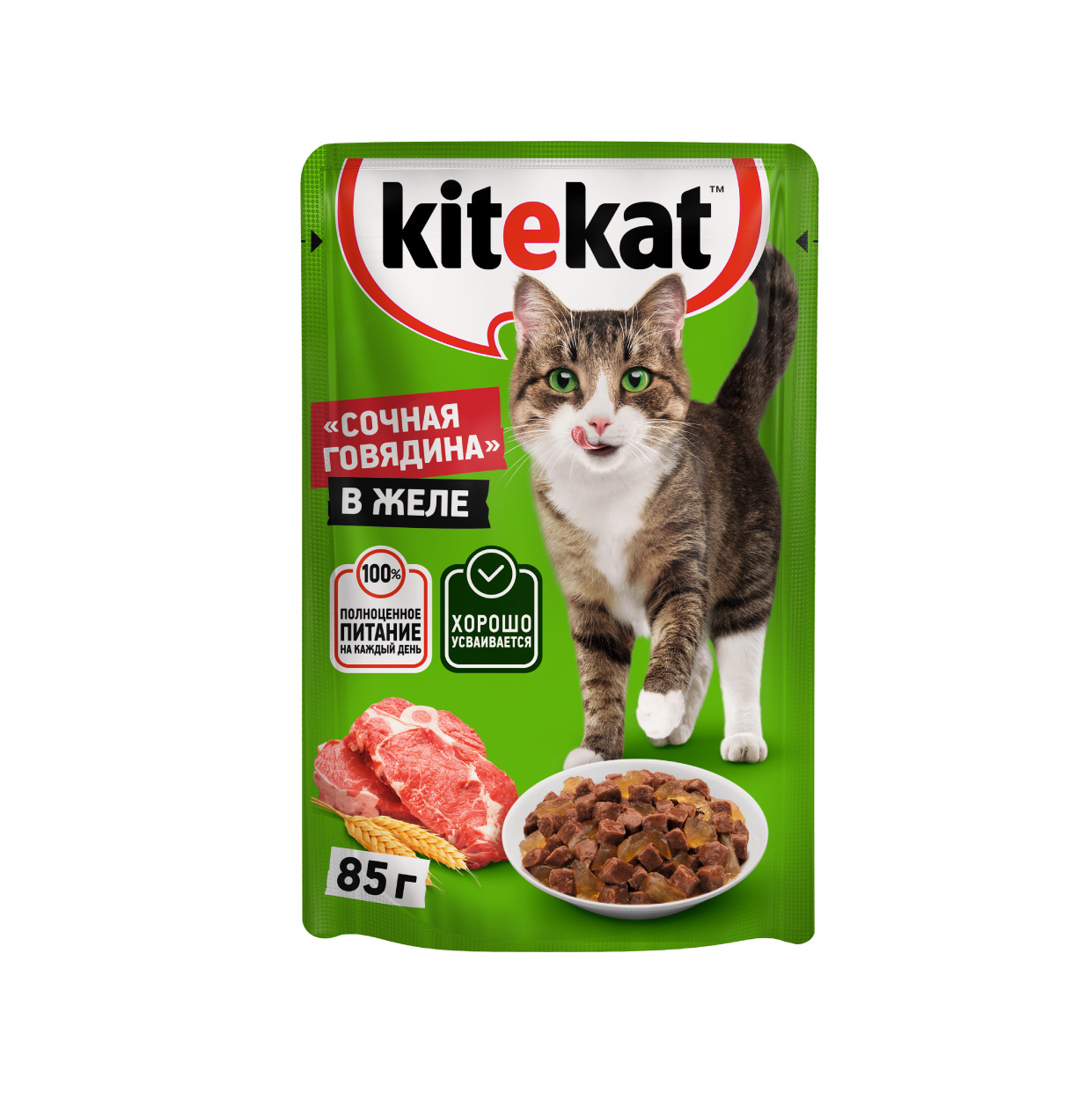 Kitekat влажный корм для взрослых кошек со вкусом говядины в желе «Сочная говядина», 85г (85 г)