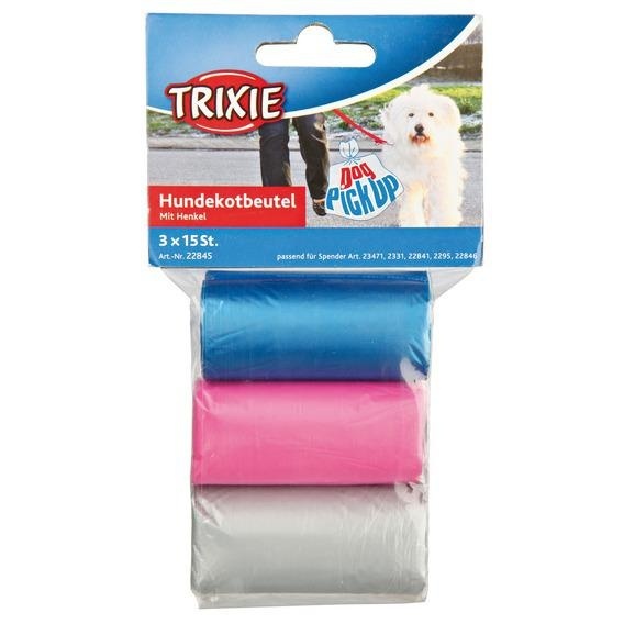 Trixie Trixie пакеты для уборки за собаками, 3 рулона по 15 шт, цветные (3×15шт) пакеты для уборки trixie за собаками с запахом лимона м желтые 20 шт