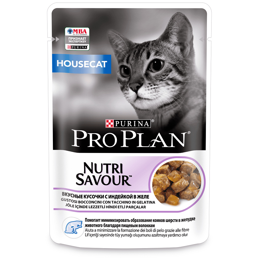 Purina Pro Plan (паучи) влажный корм Nutri Savour для взрослых кошек, живущих дома, вкусные кусочки с индейкой, в желе (85 г)