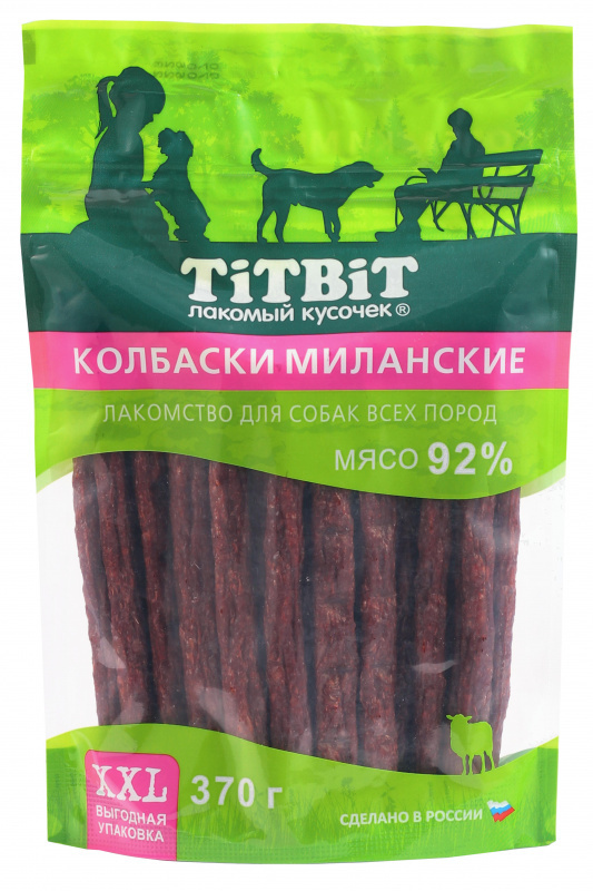 TiTBiT TiTBiT колбаски Миланские для собак всех пород, выгодная упаковка XXL (370 г) лакомство для собак titbit колбаски телячьи 420г xxl выгодная упаковка