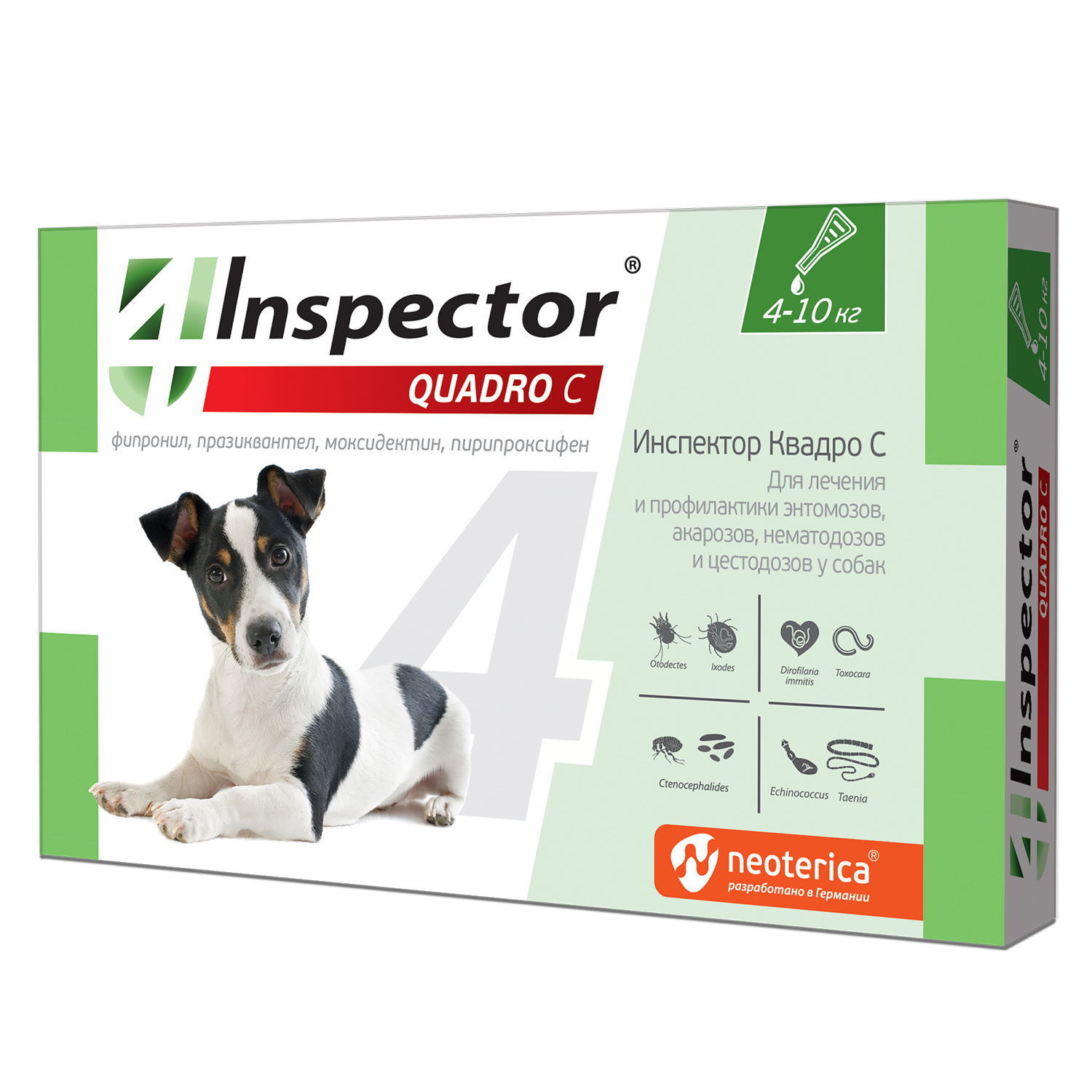 Inspector Inspector quadro капли на холку для собак весом 4-10 кг от клещей, насекомых, глистов (20 г)