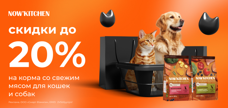 Скидка до 20% на корма со свежим мясом для кошек и собак NOW KITCHEN 732