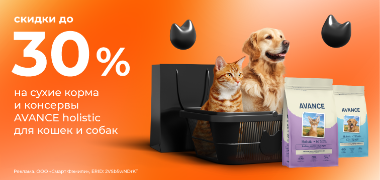 Скидки до 30% на сухие корма и консервы AVANCE holistic для кошек и собак 725