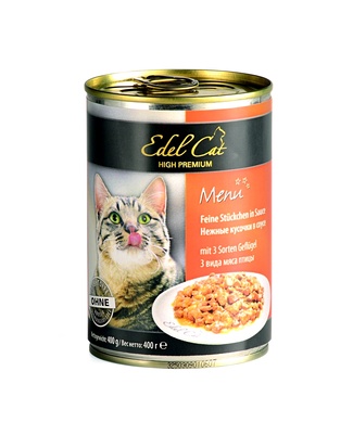 Нежные кусочки в соусе для кошек с 3 видами мяса Edel Cat