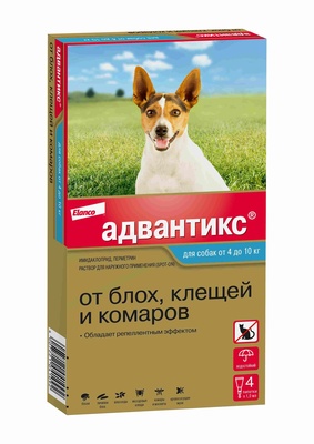 Адвантикс®  для собак от 4 до 10 кг для защиты от блох, иксодовых клещей и летающих насекомых и переносимых ими заболеваний. 4 пипетки в упаковке