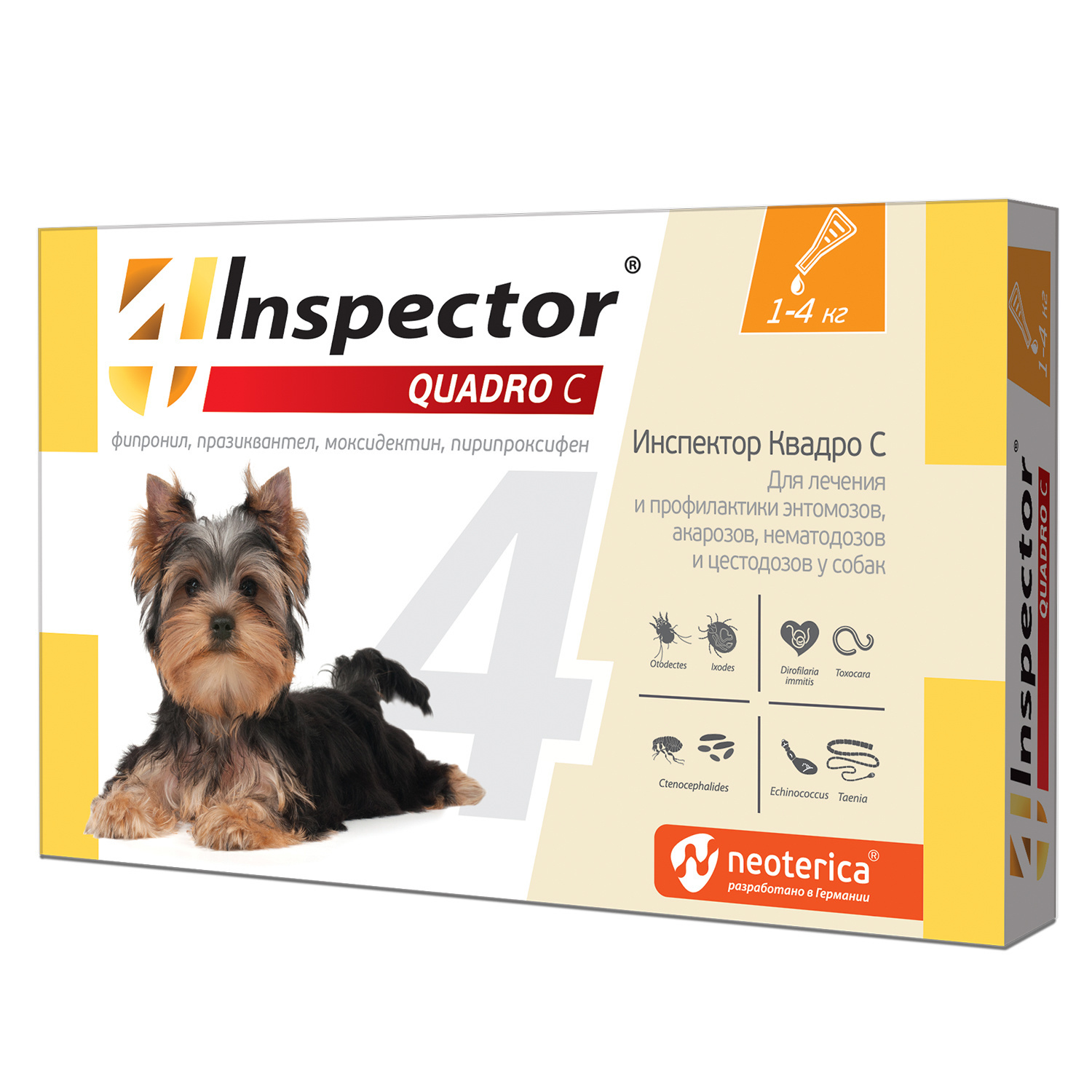 Inspector quadro капли на холку для собак весом 1-4 кг от клещей, насекомых, глистов (18 г)