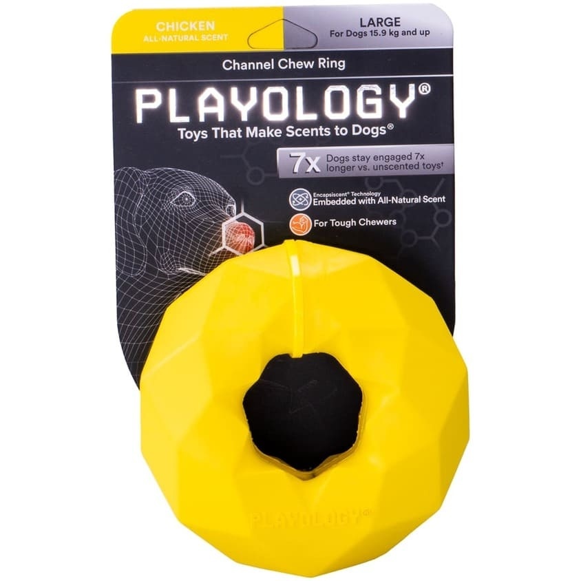 Playology жевательное кольцо-многогранник Playology CHANNEL CHEW RING для собак средних и крупных пород с ароматом курицы, цвет желтый (265 г)