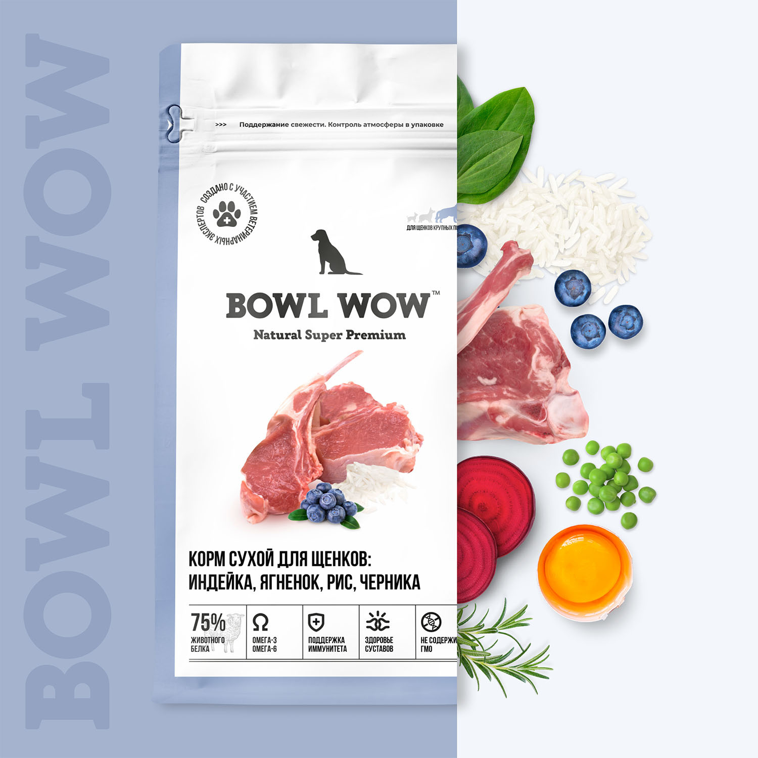 BOWL WOW сухой корм для щенков крупных пород с индейкой, ягненком, рисом и  черникой | Petshop.ru