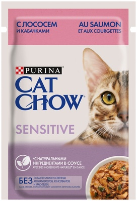 Влажный корм для взрослых кошек с чувствительным пищеварением, с лососем и кабачками в соусе, Cat Chow