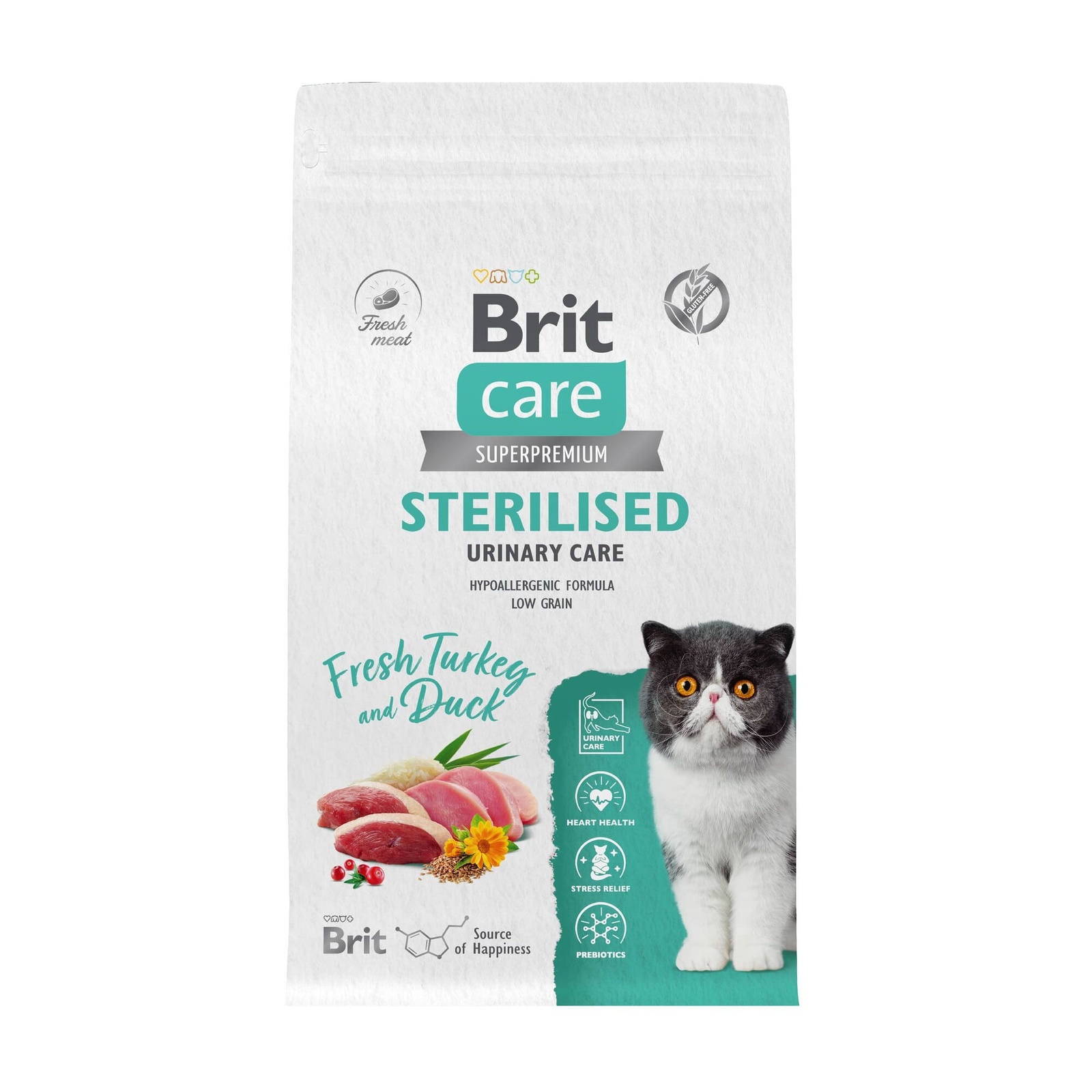 Brit Care сухой корм с индейкой и уткой для стерилизованных кошек, профилактика МКБ (1,5 кг)