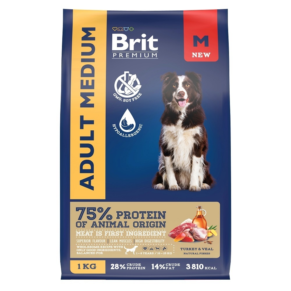 Brit сухой корм с индейкой и телятиной для взрослых собак средних пород (10–25 кг) (3 кг) Brit сухой корм с индейкой и телятиной для взрослых собак средних пород (10–25 кг) (3 кг) - фото 1
