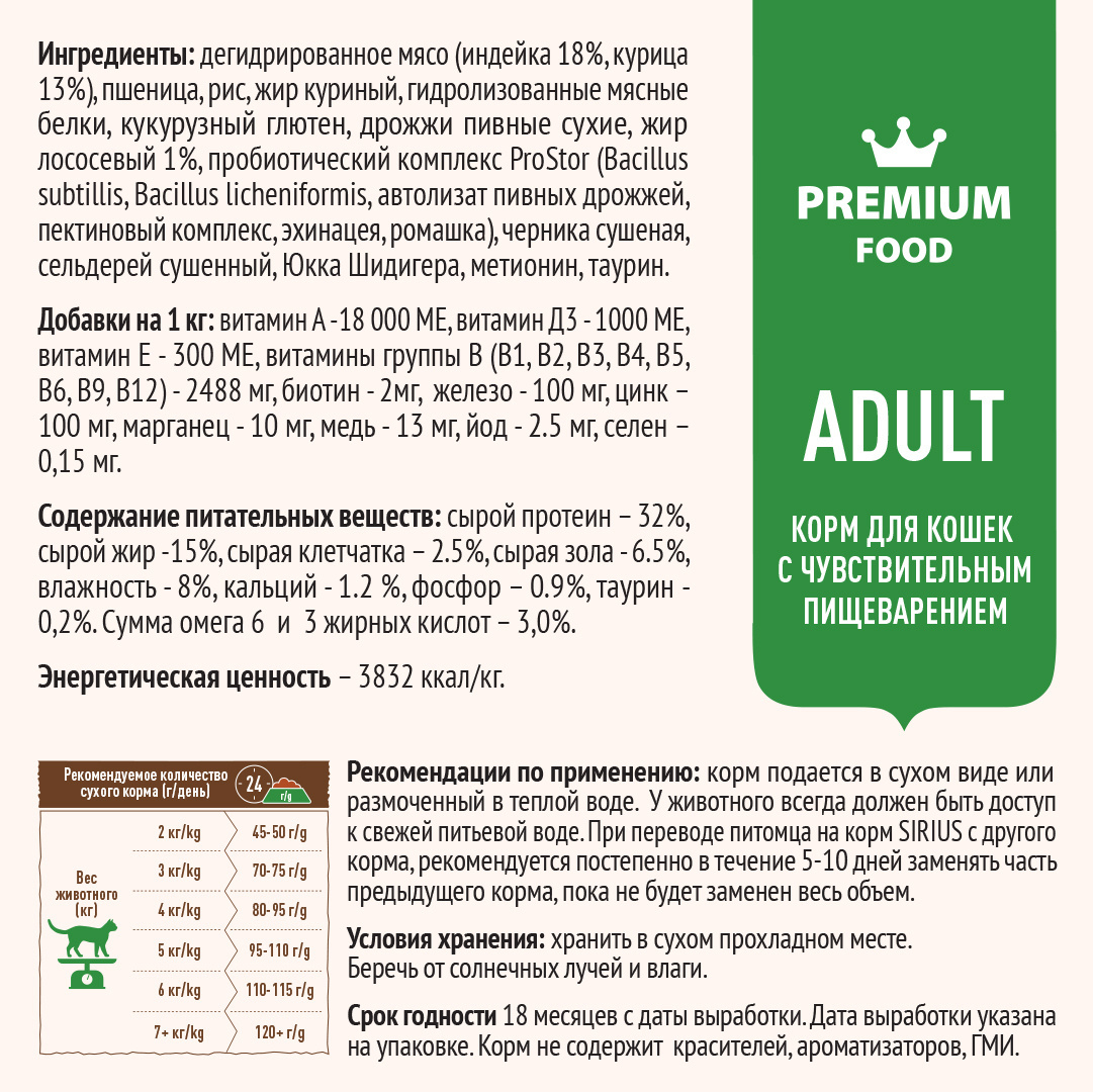 Sirius сухой корм для кошек с чувствительным пищеварением, индейка с  черникой | Petshop.ru