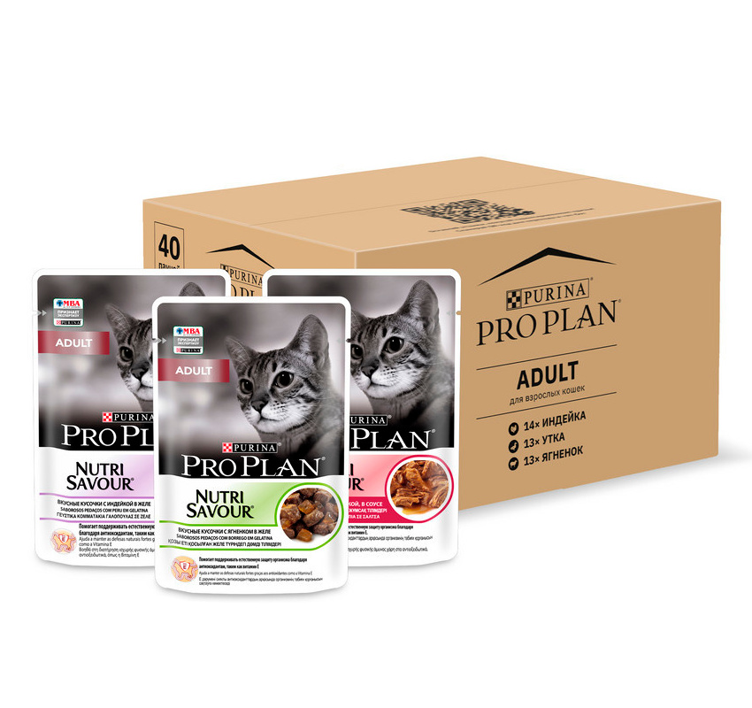 Purina Pro Plan (паучи) набор паучей для взрослых кошек 40 шт. (индейка в желе, ягненок в желе, утка в соусе) (3,4 кг)