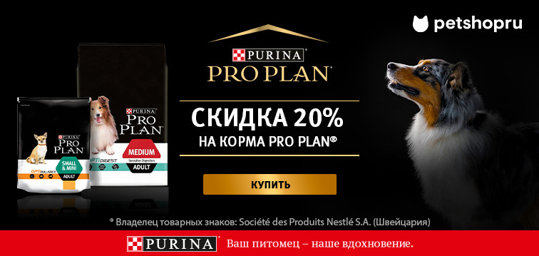 Слайд номер 2 Скидка 20% на сухие и влажные корма Purina Pro Plan!